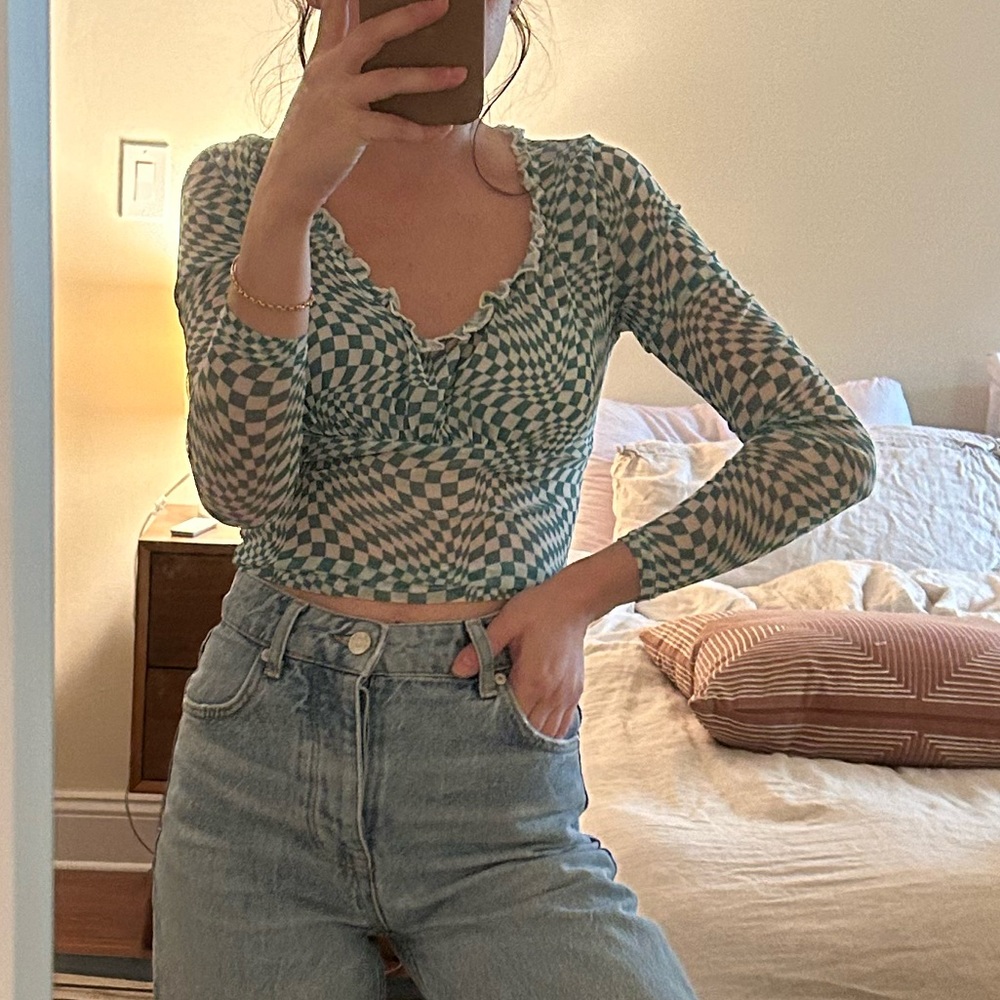 Lisa Says Gah x KJP Lana Top in Green Warped Check Print